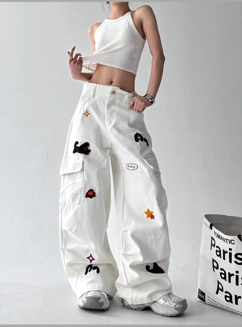

Летние новые свободные тонкие женские джинсы, модные уличные повседневные женские джинсы, белые шикарные прямые брюки с высокой талией и вышивкой, женские