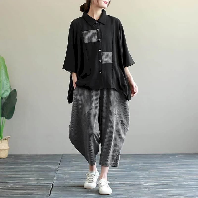 Pants Set Casual Oversized Quarter Sleeve Irregular Shirts Elastic Waist Harem Pants Korean Style Two Piece Sets Women Outfits