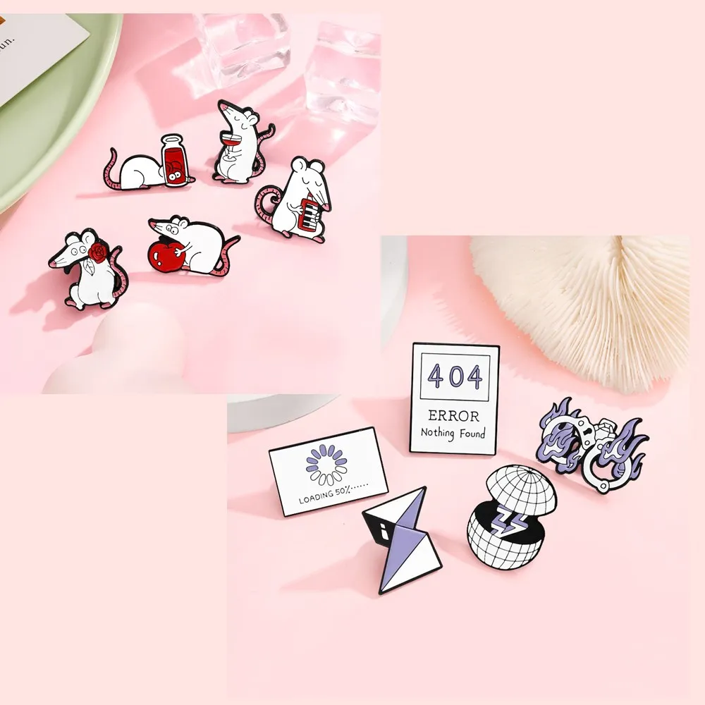The cute little mouse drinks red wine, coffee and eats apples, buys a rose-shaped jewelry brooch and a versatile pin