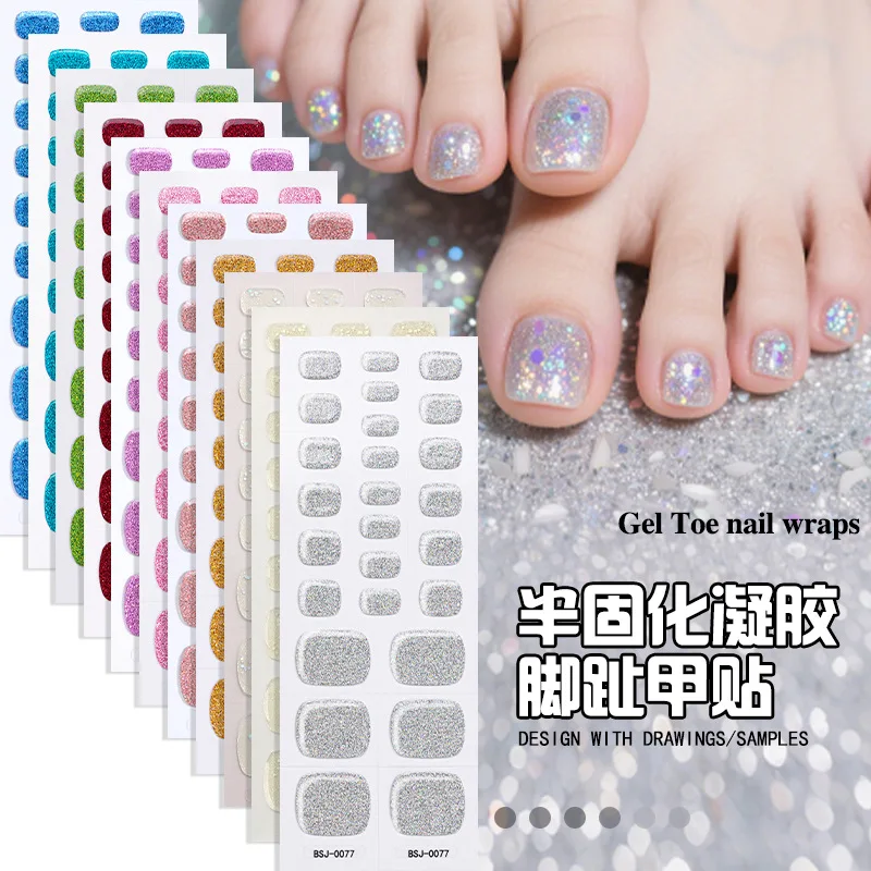 26팁 플래시 파우더 프렌치 화이트 세미 큐어드 UV 젤 네일 스티커 누드 컬러 발톱 착용 가능한 짧은 플랫 쉐입 발가락 스티커