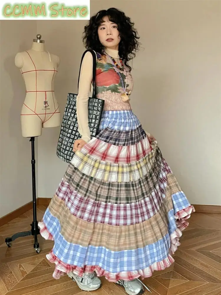 Kobiety Wielokolorowa siatka Łączenie A-line Letnia cienka spódnica Młoda dziewczyna Vintage Kobiece luźne spódnice do kostek z wysoką talią