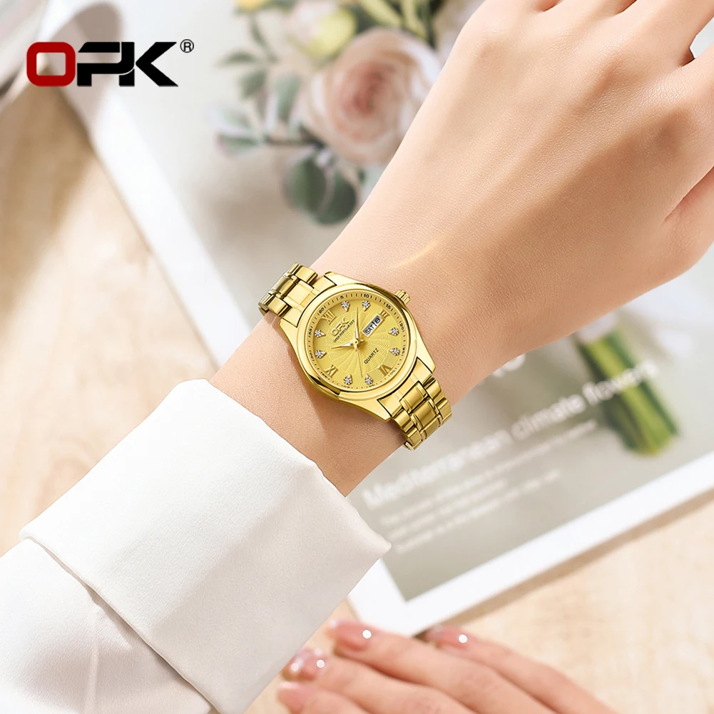 OPK 8103 Elegant Women\'s Watch Luxury Brand Stainless Steel Waterproof Watch Double Calendar Diamond Business Women Quartz Watch