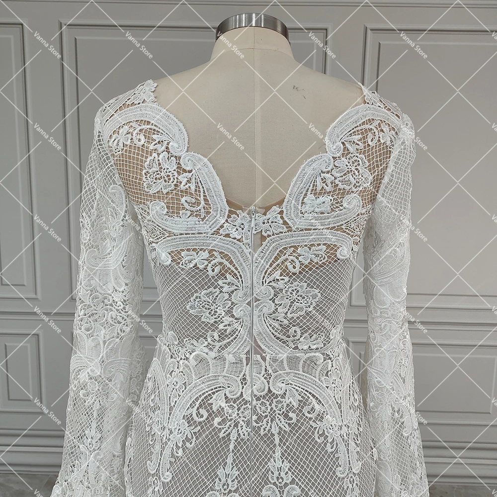 Abito da sposa con maniche lunghe a pipistrello Boho in pizzo intagliato su misura Plus Size sirena scollo a v abito da sposa Sexy con apertura sul retro