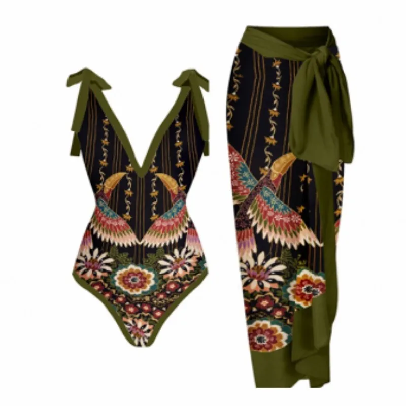 One Piece Swimsuit Bikini With Skirt Swimwear Summer Women Bowknot Cover Up 2024 New Luxury Elegant Brazilian Beach Bathing Suit