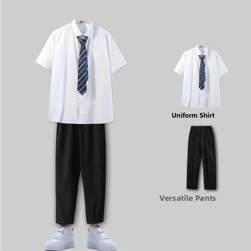 

Loose Short Sleeve White Shirt Basic Style Men's Uniform Set Student Graduation Couple's Shirt Polyester Fiber Summer Wear