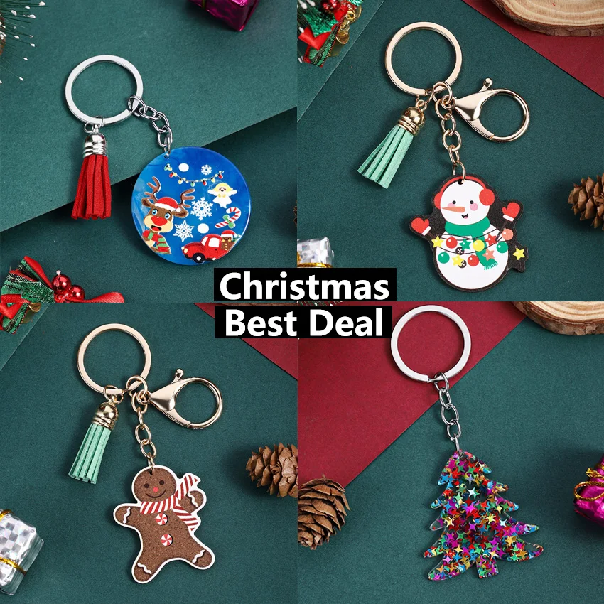 Hot Sale Christmas Tree Keychain Santa Claus Snowman Cookie Man Funny Acrylic&Wooden Pendant Tassel Key Chains for Boys Girls