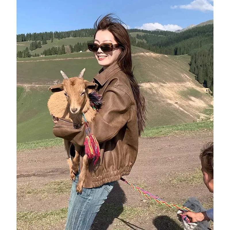 Otoño Invierno mujer cremallera chaqueta de cuero marrón estilo americano ropa de calle Retro Moto Biker abrigo prendas de vestir