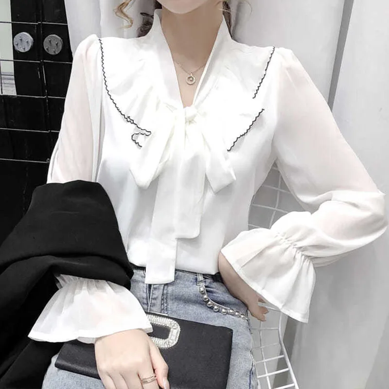 2022  Early  Autumn  Chiffon  V Neck  Long Seeve  T-shirts  Women  Solid Bow  Design  Loose  Wild  Flare  Sleeve  Upper Garment