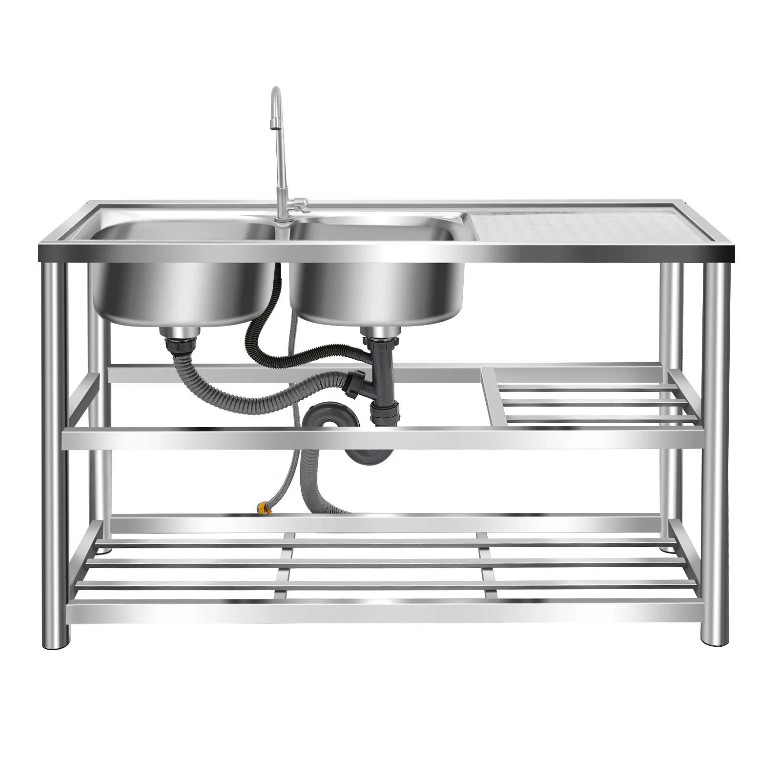 

Commercial Free Standing Double Bowl Stainless Steel Sink Set with Faucet Drainboard 3-Tier Shelves for Restaurant Kitchen