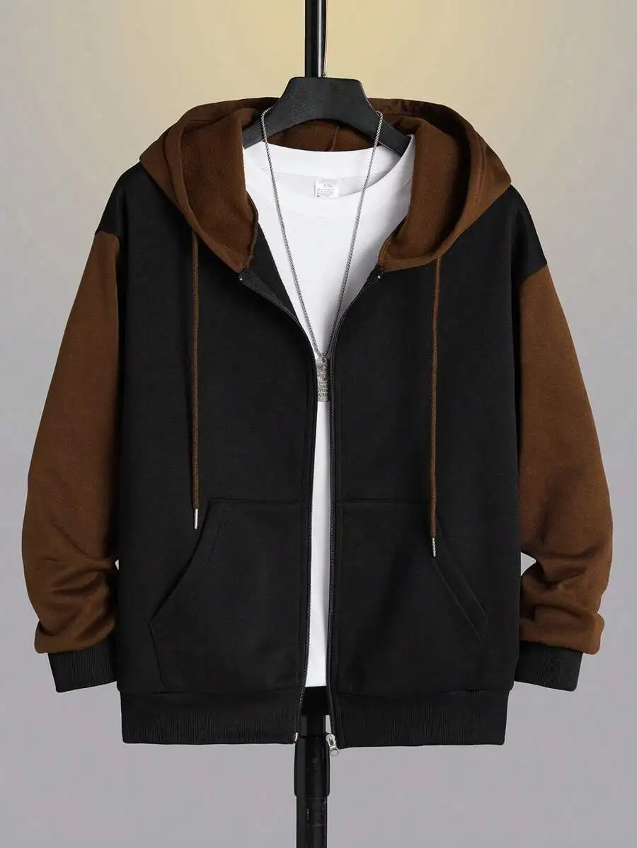 

Men's Colorblock Zip-Up Hoodie with Drawstring, Long Sleeve, Casual Fall Wear