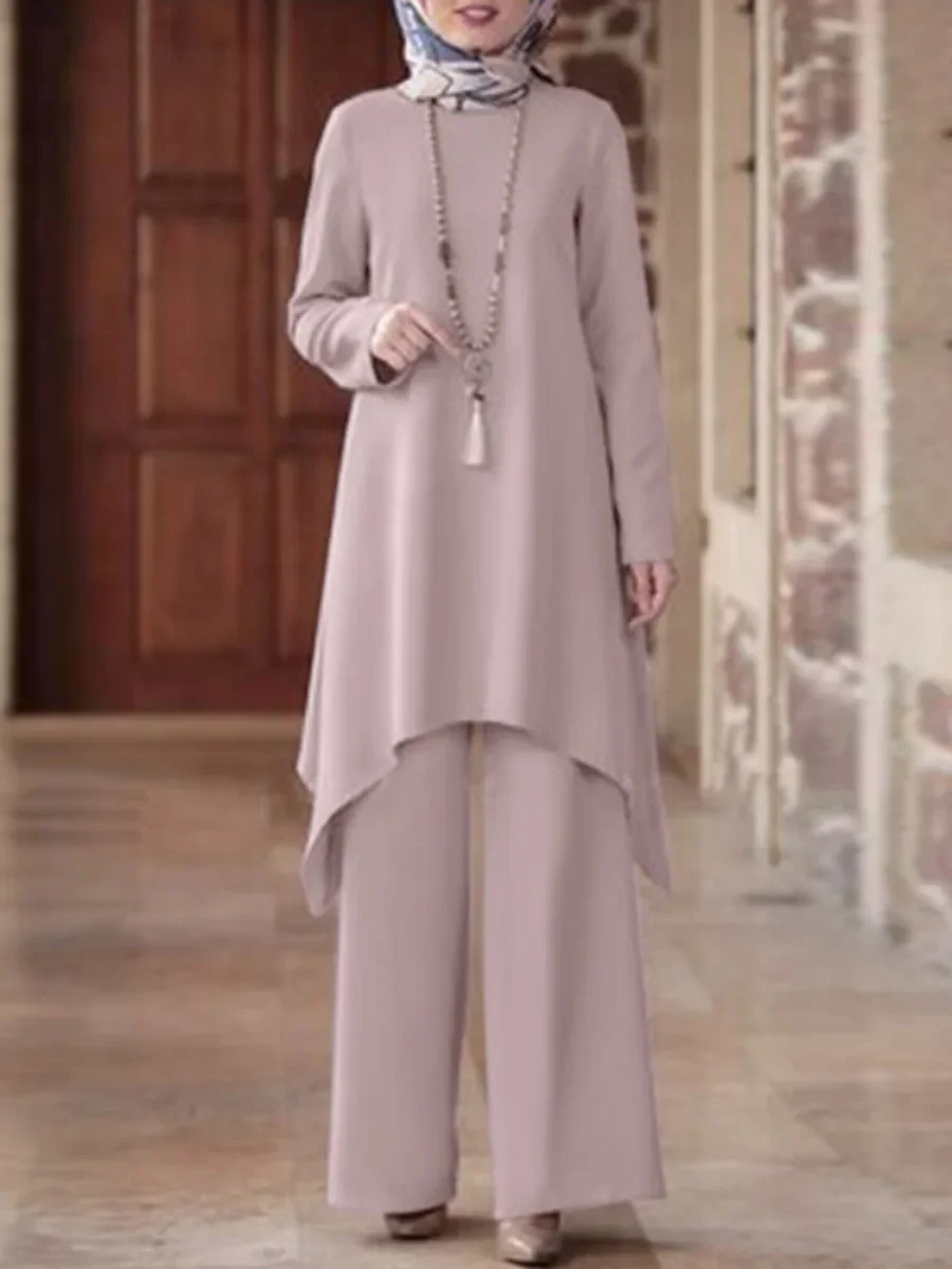 Women Two Piece Sets Shirt Pants Solid Suits Shirt Blouse Ramadan Muslim Musulman Ensembles Moroccan Kaftan Islamic Dress Sets