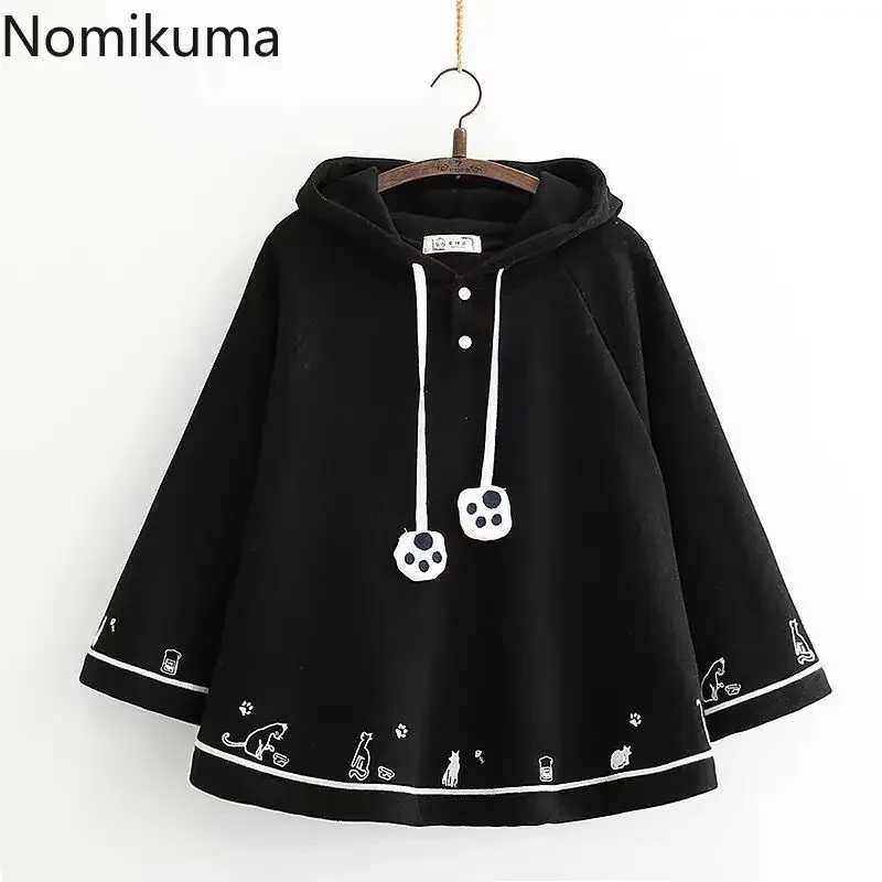 Japanese Ponchos Fall Winter Clothing Cute Jackets for Women Cat Ears Hooded Oversized Coats Y2k Tops Fashion Sweet Capes 49C648