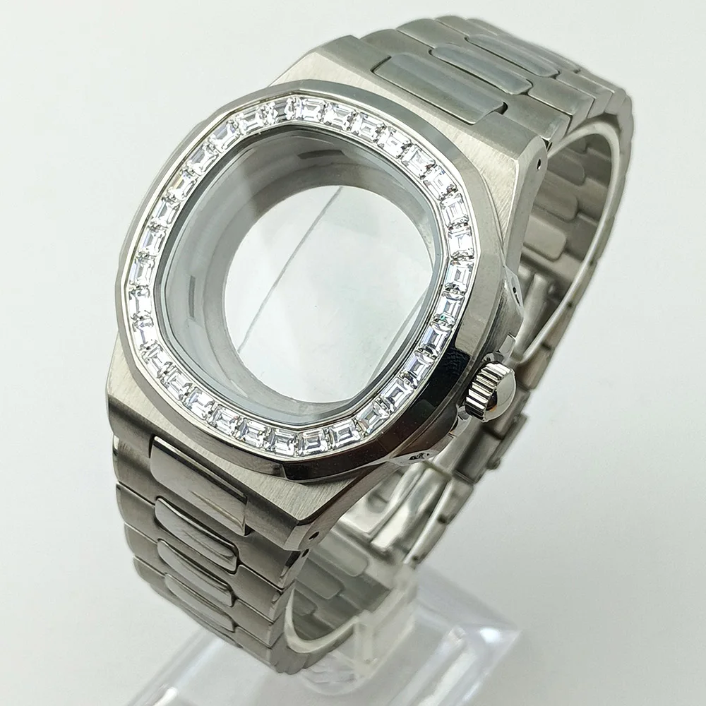 43,3 mm NH35-Gehäuse, silbriges Herren-Uhrengehäuse, Edelstahlgehäuse, Saphirglas, passend für NH35 NH36-Uhrwerk, Uhrenteile, 20 mm Uhrenarmband