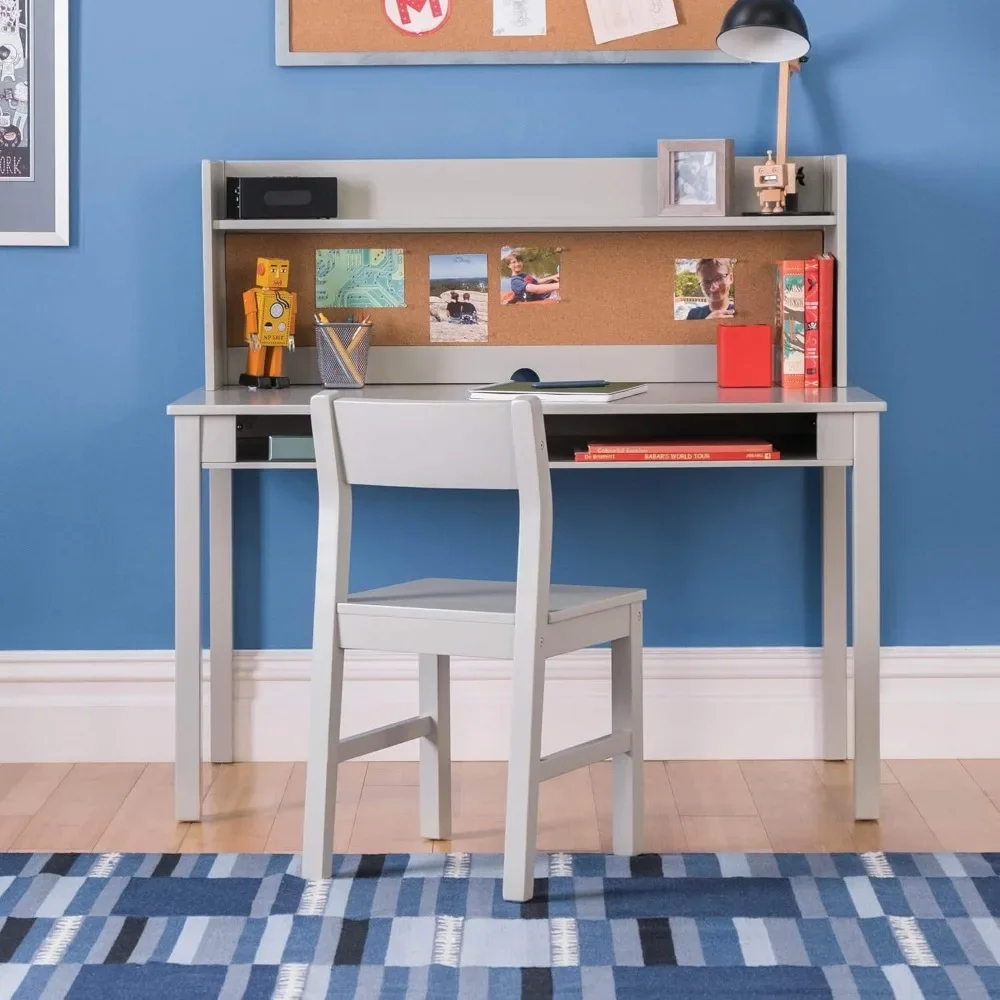 Kids' Desk with Hutch and Chair Set - Gray (Ages 5-12 years)Children's Wood Study Computer Table w/ Storage Shelf,Bulletin Board