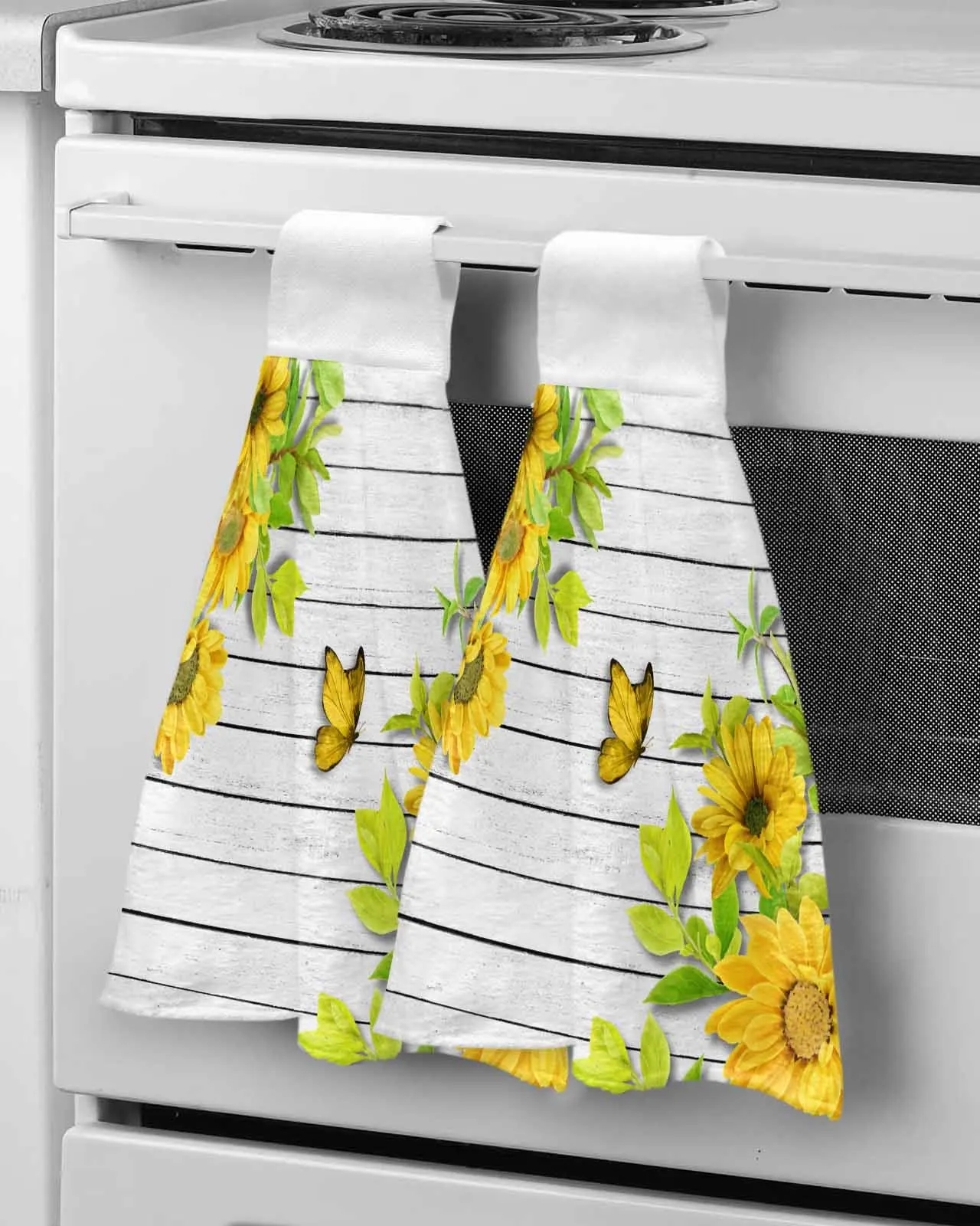 Sunflower Flower Butterfly Wooden Board Hand Towels Kitchen Bathroom Hanging Cloth Quick Dry Soft Absorbent Microfiber Towels