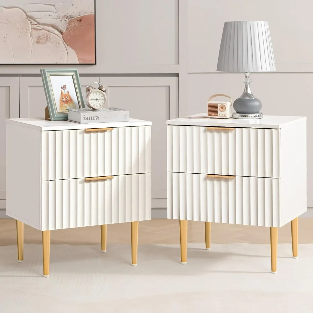 

Bedroom Nightstand, Wide Fluted Nightstand with 2 Drawers, Modern Glossy Storage Bedside Table with Golden Metal Legs & Handles