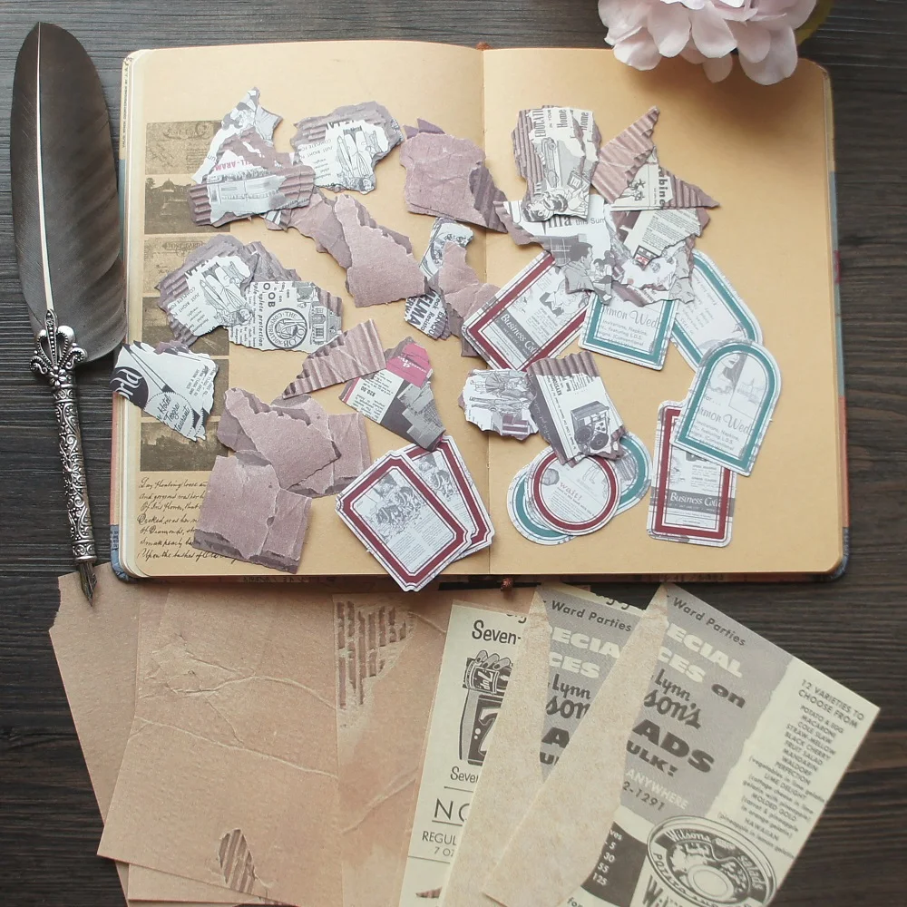 

60pcs Shredded Newspapers and Advertisements Design Stickers Paper Set Scrapbooking DIY Gift Label Decoration Tag