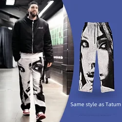 Mens Y2K Gothic Style Human Face Print Basketball Trousers Vintage USA Street Sports Casual Straight Cargo Pants Pantalon Hombre