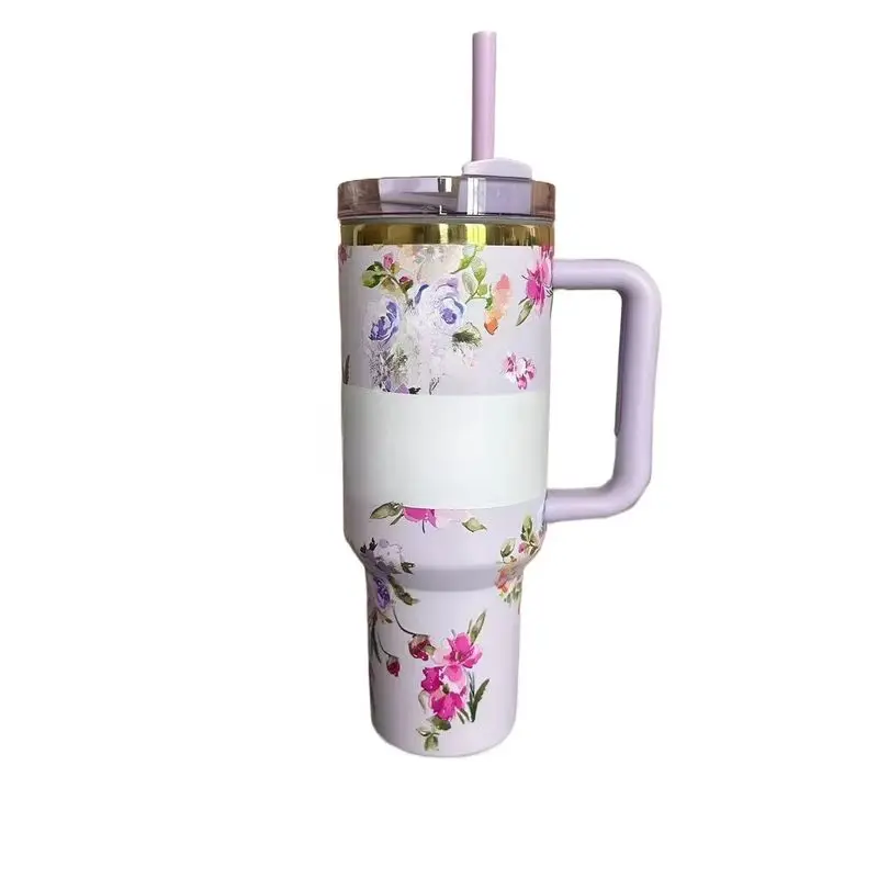 2024 Fresh Flower for Stanley Handle 40oz Vacuum Car Mug Double Wall Thermal Iced Travel Cup Christmas Gift