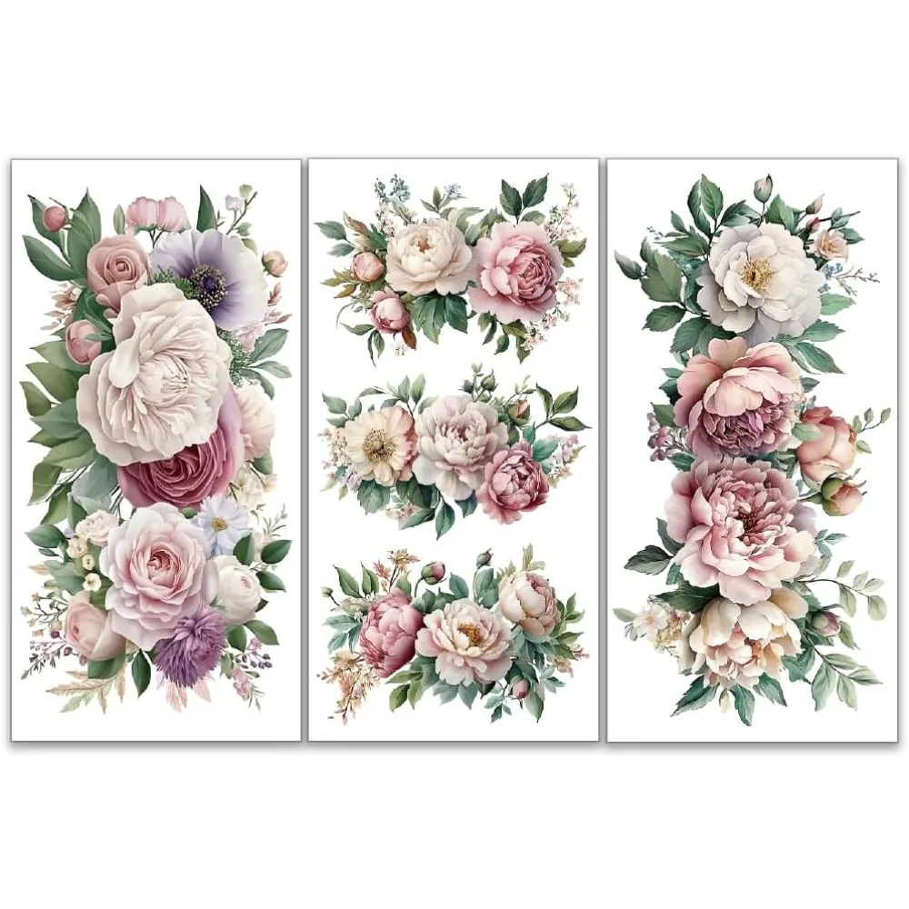 3pcs/Set Blooming Flower Rub on Transfers for Furniture and Crafts 6x12 inch Rose Peonies Furniture Floral Transfer Stickers