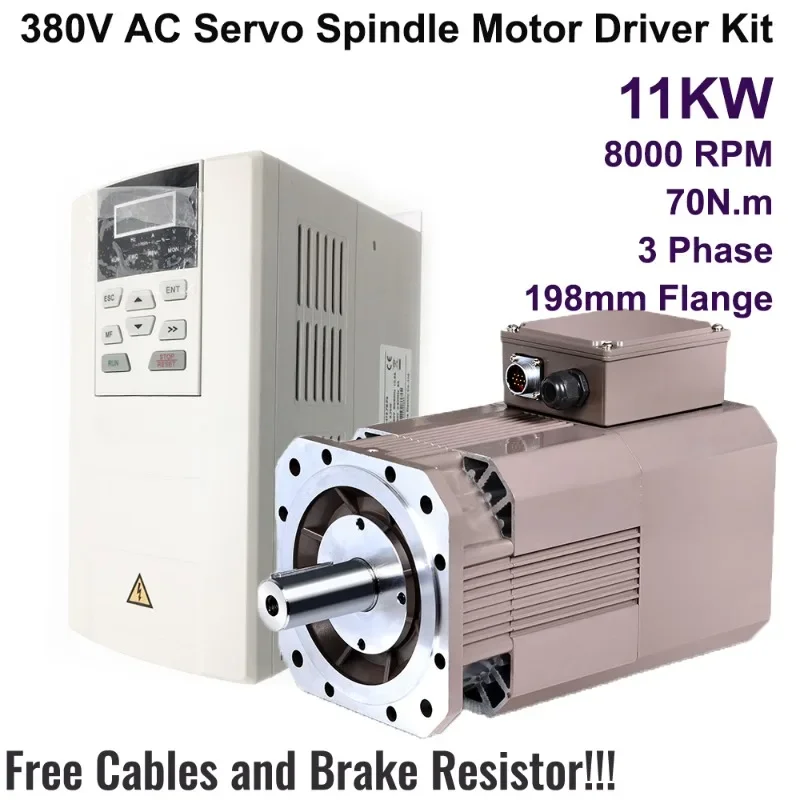 High Speed 8000rpm 11kw 380V 70Nm 10000Oz-in AC Servo Spindle Motor Drive Kit 198mm 3 Phase Constant Power CNC Lathe Milling