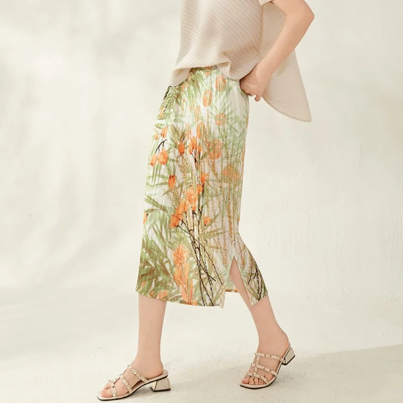 Miyake Pleated 2026 New Casual Skirt Women's Summer Pleated Print Split High Waist Fashion Versatile Comfortable Straight Skirt
