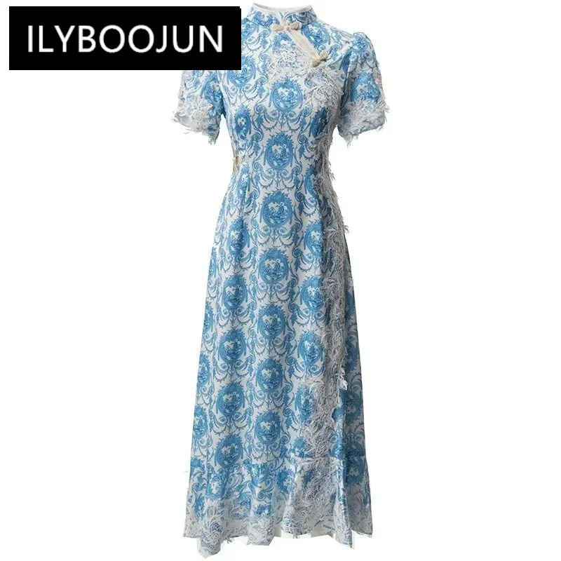 

ILYBOOJUN Fashion Designer Summer Women's Stand Collar Short Sleeve Lace up Single-Breasted Beading Printed BacklessDresses