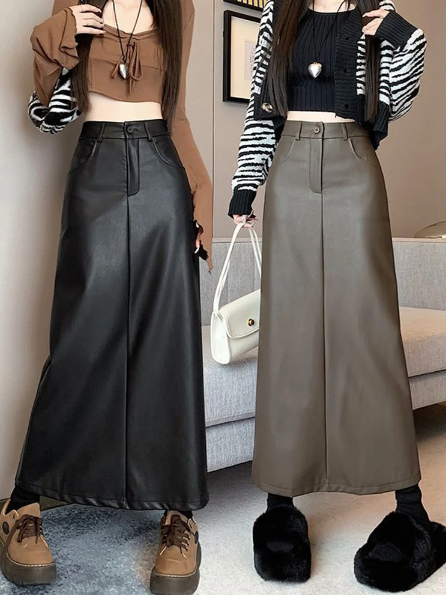 

Ретро-юбка из искусственной кожи с высокой талией, миди, А-силуэт, для женщин, осень-зима, большие размеры, стройнящая, асимметричная