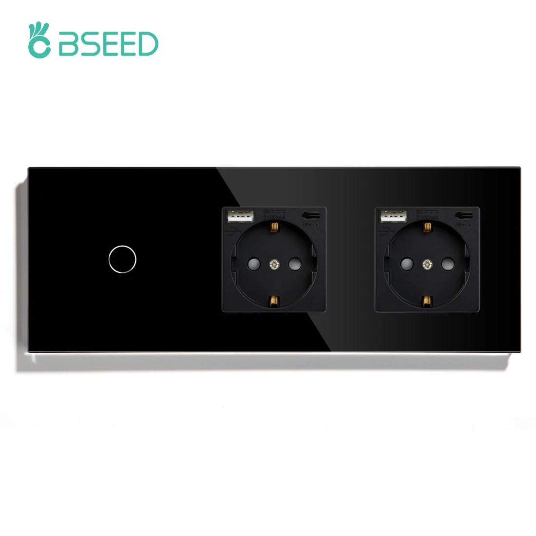 BSEED Touch-Schalter 1/2/3-fach 1-Wege EU-Standard Wandsteckdose mit USB Typ-C Elektrostecker Kristallglas-Panel 157mm 228mm