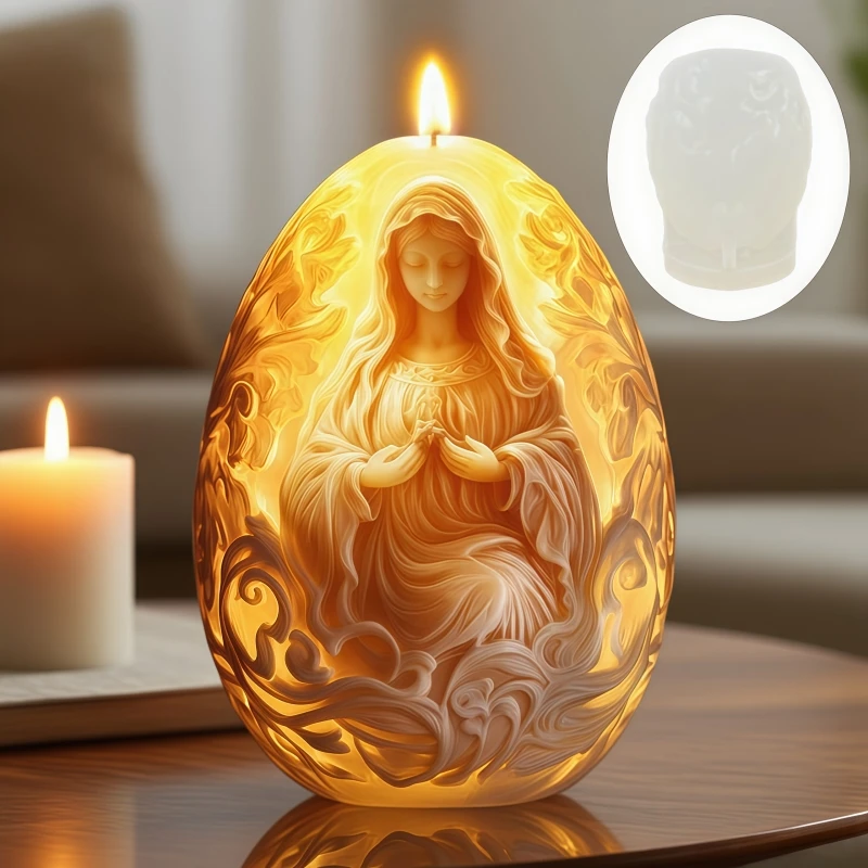 Blessing Goddess Mary Relief Egg Candle Silicone Mould Lace Flower Long Hair Goddess Mary Relief Easter Egg Gypsum Molds