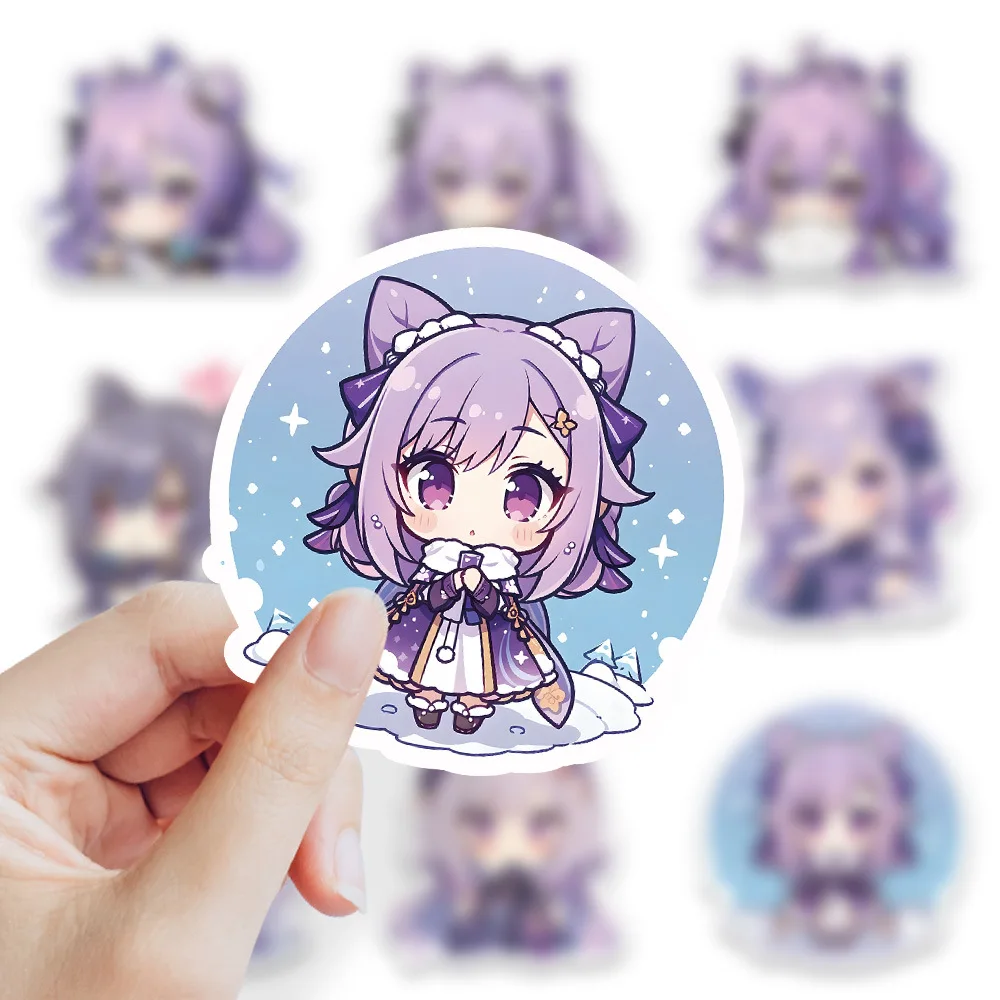 Imagem -05 - Yuan Shen Girl in Purple Keqing Adesivos Personagem de Desenhos Animados Adesivo Impermeável de Pvc Brinquedos Artesanais Presente para Crianças Anime 10 Pcs 50 Pcs