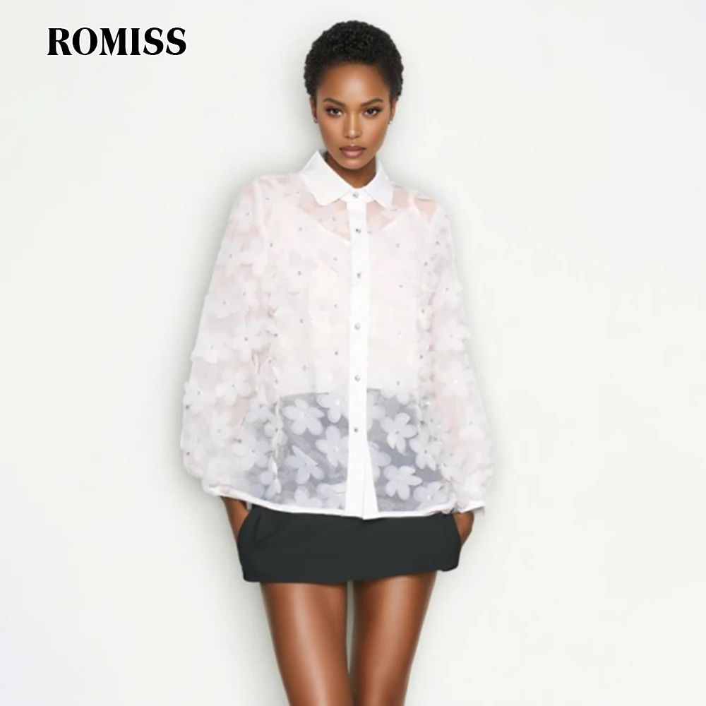 ROMISS Patchwork DiamondsShirts For Women Lapel Long Sleeve Fashion Temperament Spliced Appliques Blouse Female Female Style