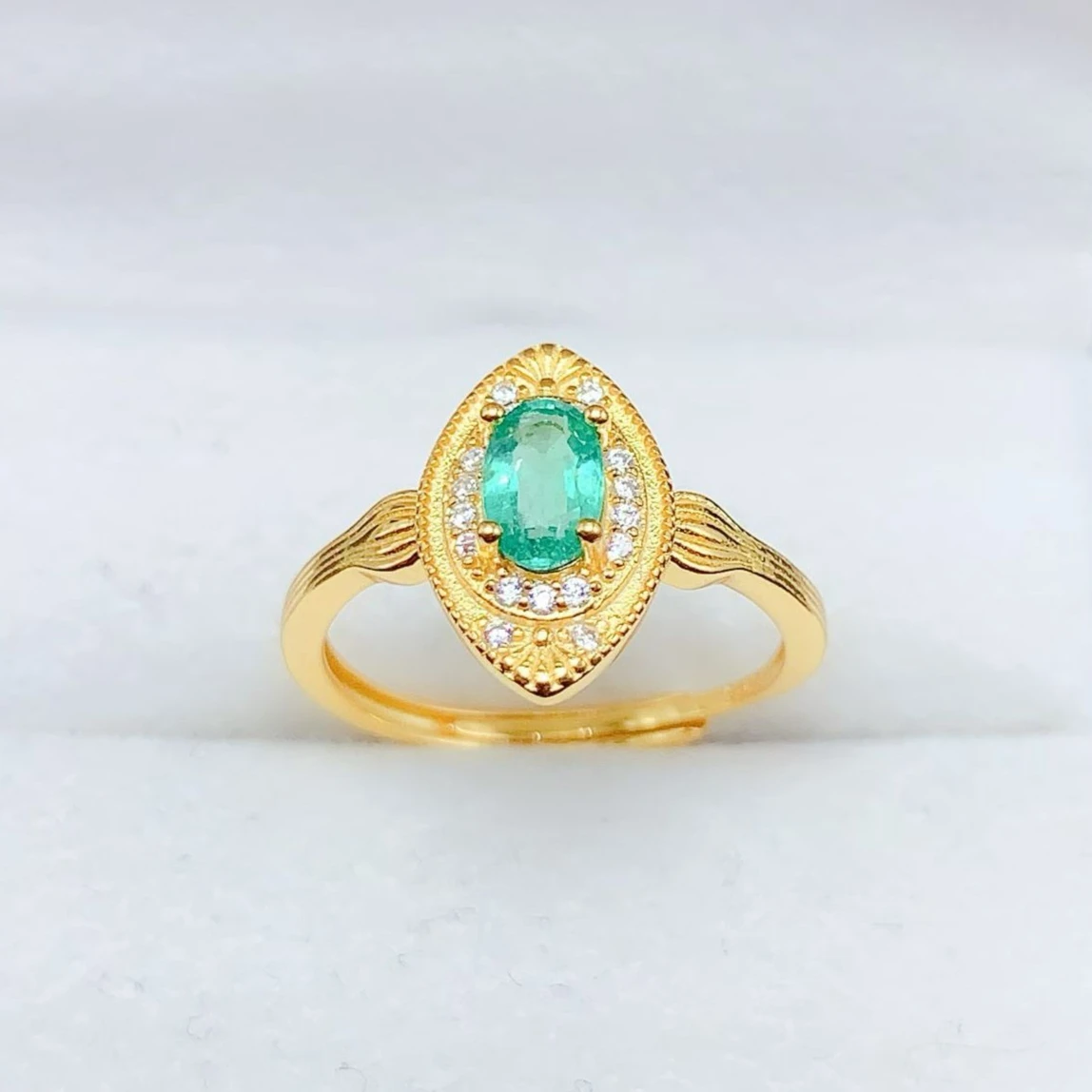 Genuine Natural Emerald 925 Silver Gold Ring, 4x6mm Oval Cut Vintage Marquise Band with Certificate, Luxury Jewelry Gift