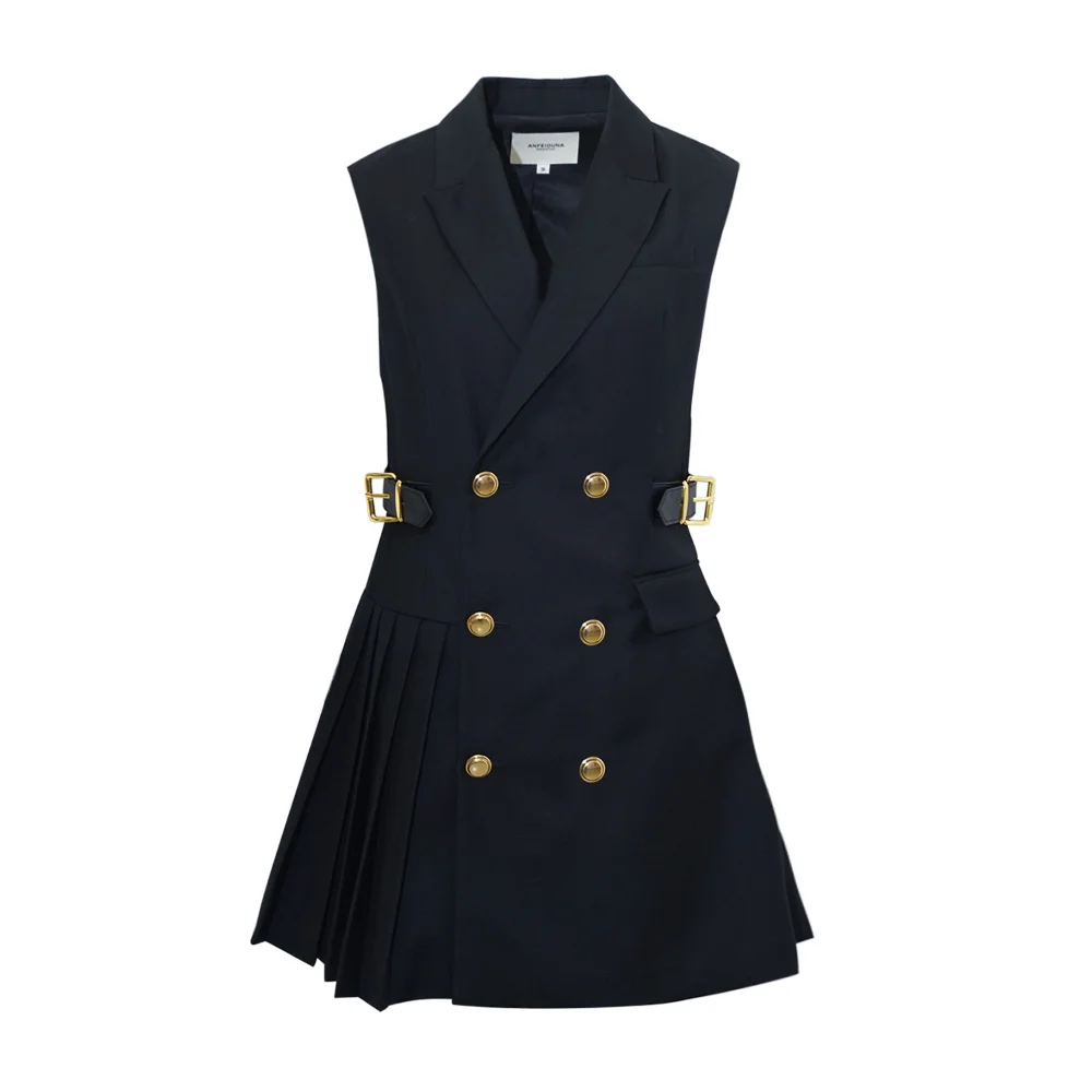 

Women French Black Leather Buckle Waist Irregular Hem Pleated Office Lady Fashion High Quality Vest Suit Mini Dress Summer