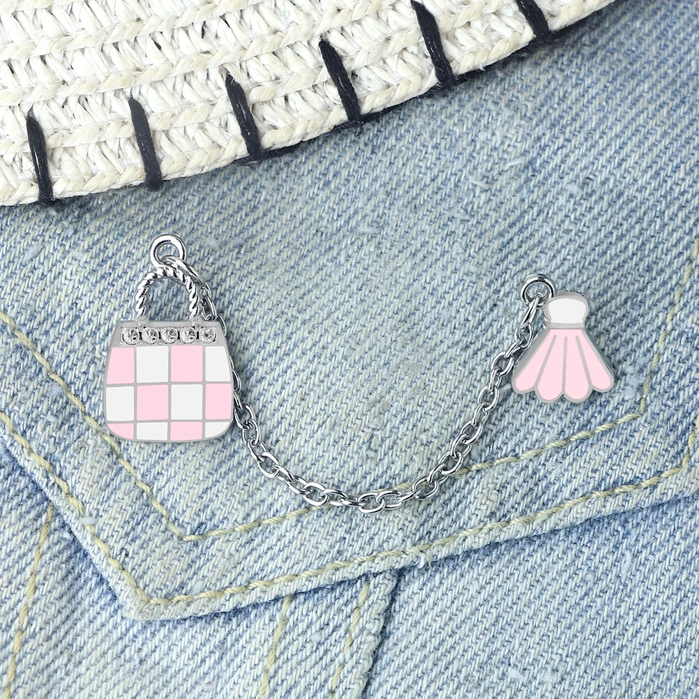 Women Handbag Dress Sweet Enamel Brooches Fashion Clothing Backpack Jewelry Pins With Chains Dating Lapel Badges Gifts For Girls