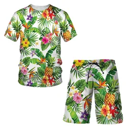 Chándal Hawaiano para hombre, 3D Camiseta con estampado de Plantas Frutales, pantalones cortos, conjuntos de 2 piezas, ropa de calle, ropa deportiva de gran tamaño, trajes de playa