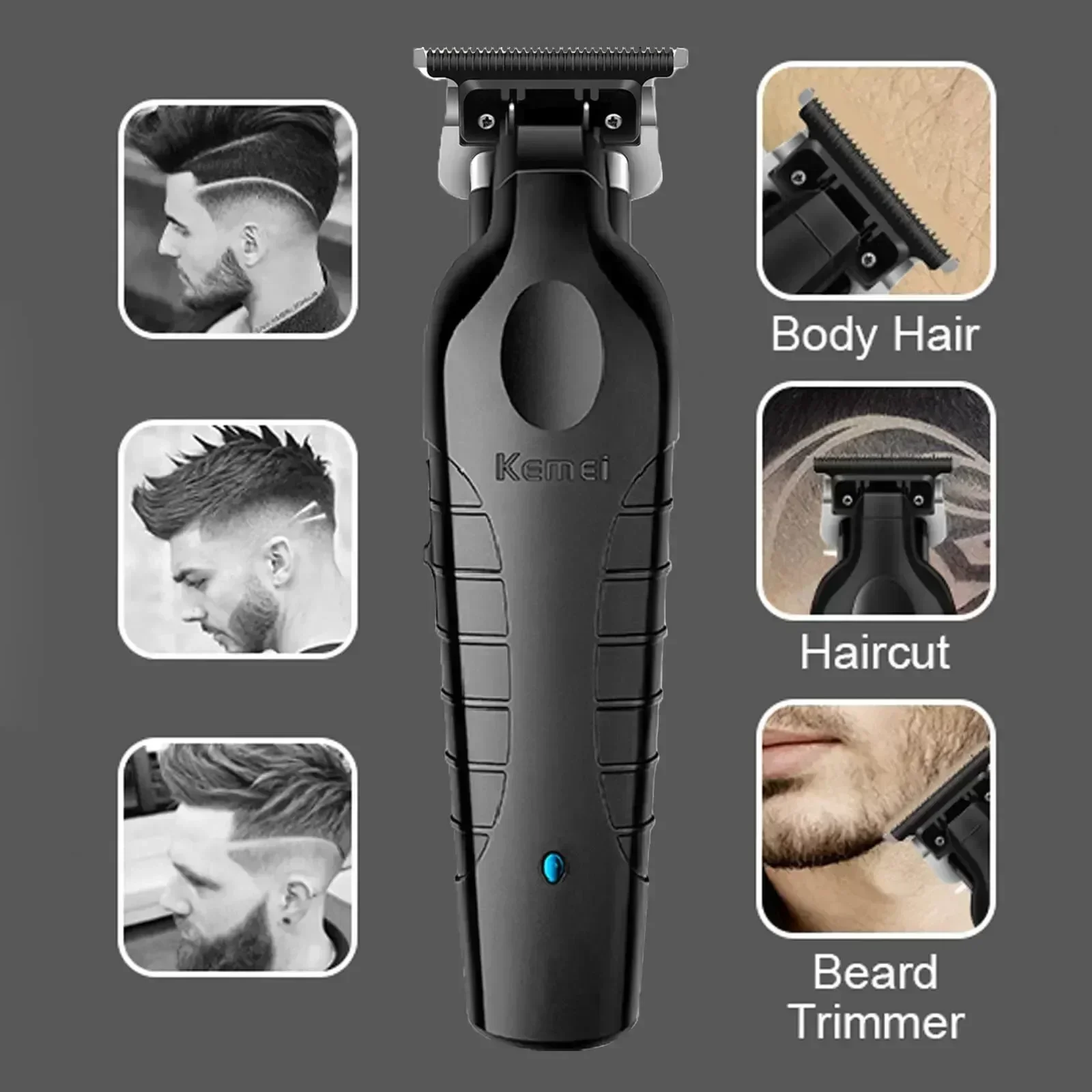 Kemei-Clippers de cabelo preto sem fio para homens, barbeiro profissional, recarregável USB, sem fio, corte de cabelo