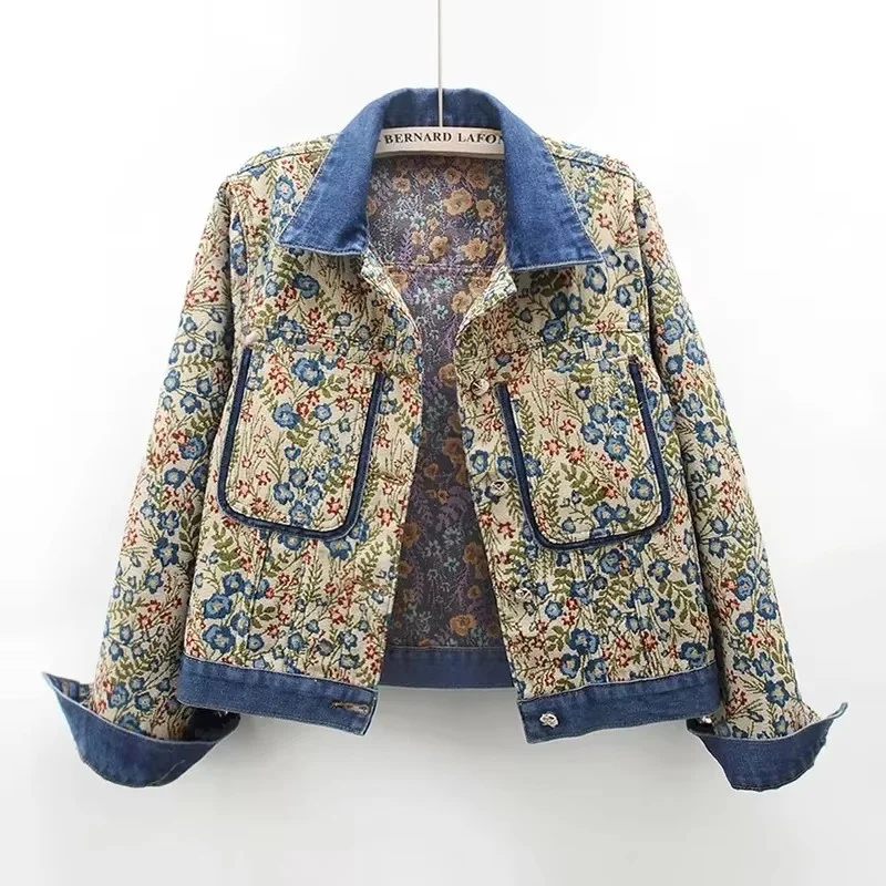 Jacquard Stiksel Denim Jack Vrouwen Retro Tops Lente Herfst Losse Lange Mouwen Cowboy Bovenkleding Dames Mode Basic Jas