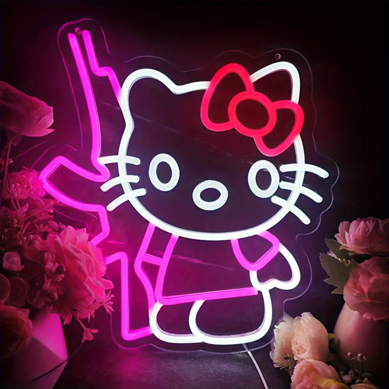

Неоновая LED-вывеска Hello Kitty с пистолетом для декора стен, милый и дерзкий декор для спальни, игровой комнаты, вечеринки, уникальное настенное освещение, подарок