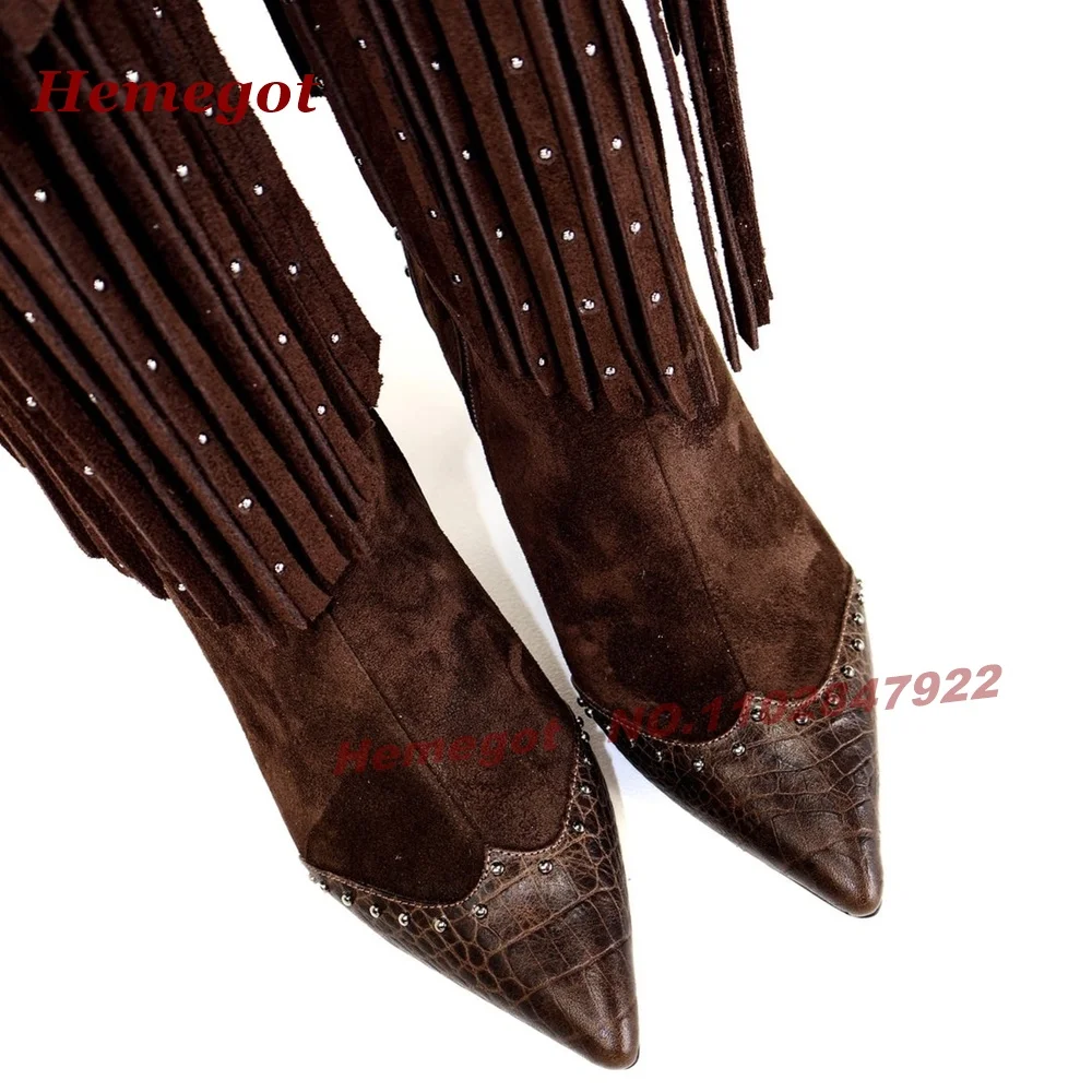 Black Suede Fringe Knee High Boots Multi Layer Tassel Rhinestones Women's Long Boots Pointy Toe Stiletto Heels Splicing Shoes