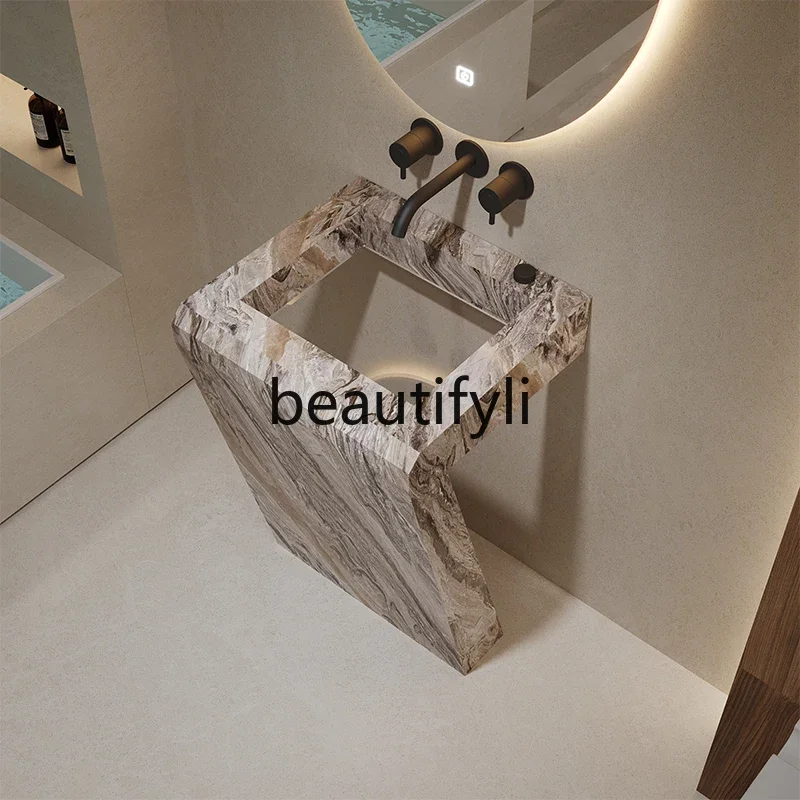 

Villa travertine rock slab column basin glass transparent outdoor courtyard wash basin