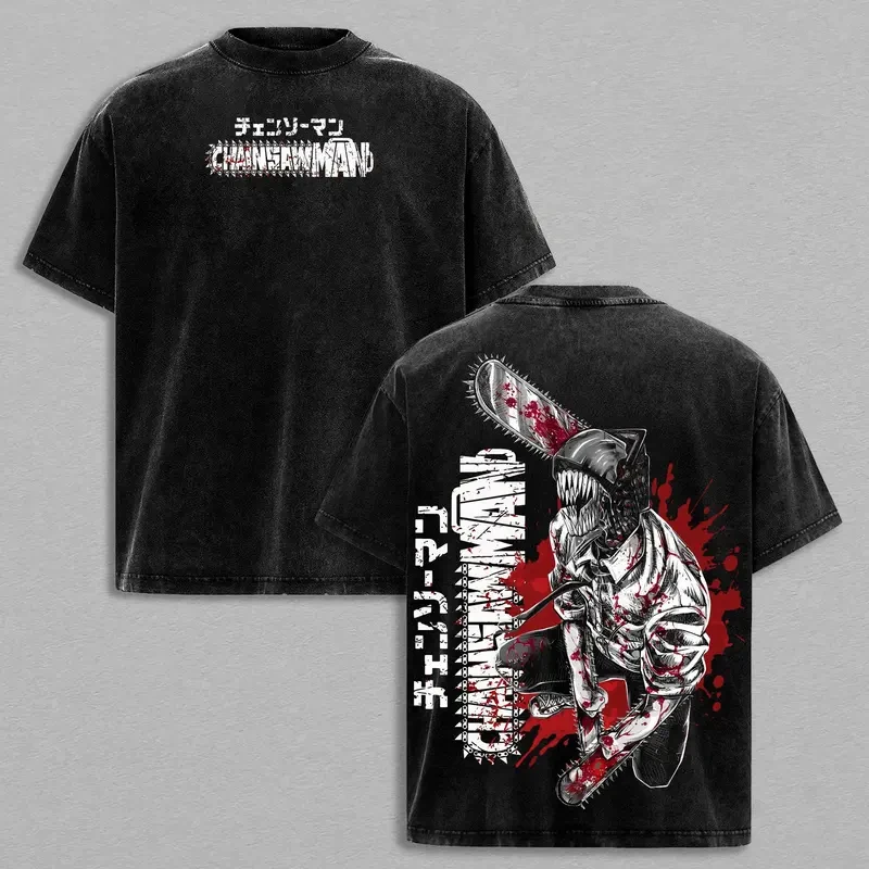 Hot Anime Chainsaw Man Denji Pochita Graphic Tee Men Short Sleeve Clothing Washed 100% Cotton Tshirt Casual T-shirt Harajuku T