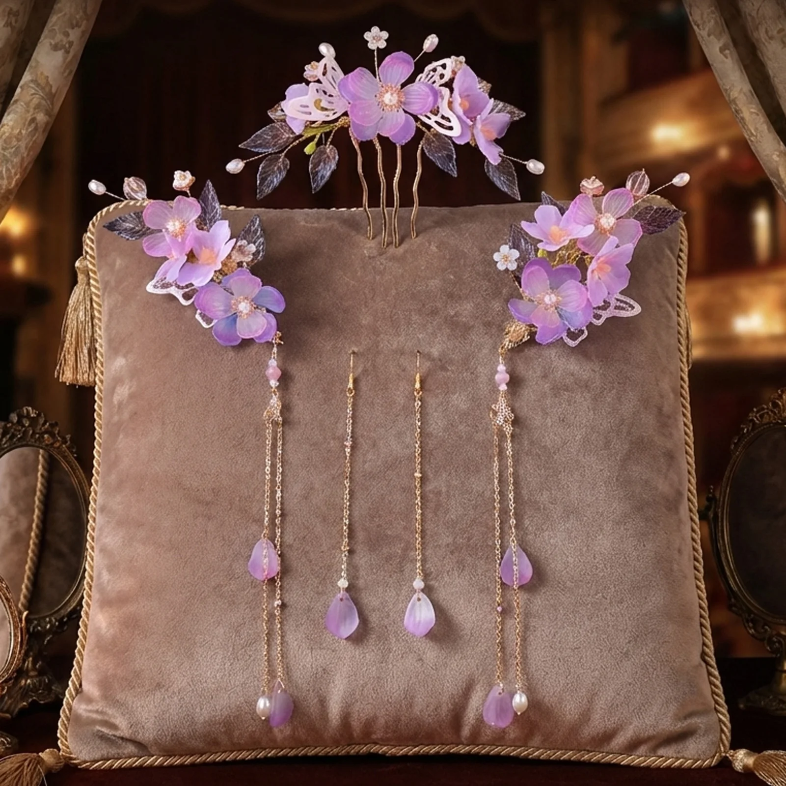 

Набор из 1 шт. фиолетовых заколок для волос с цветами, китайские свадебные аксессуары для волос, заколки-гребни с цветочными элементами и стеклянными кисточками, ретро-украшения для волос невесты