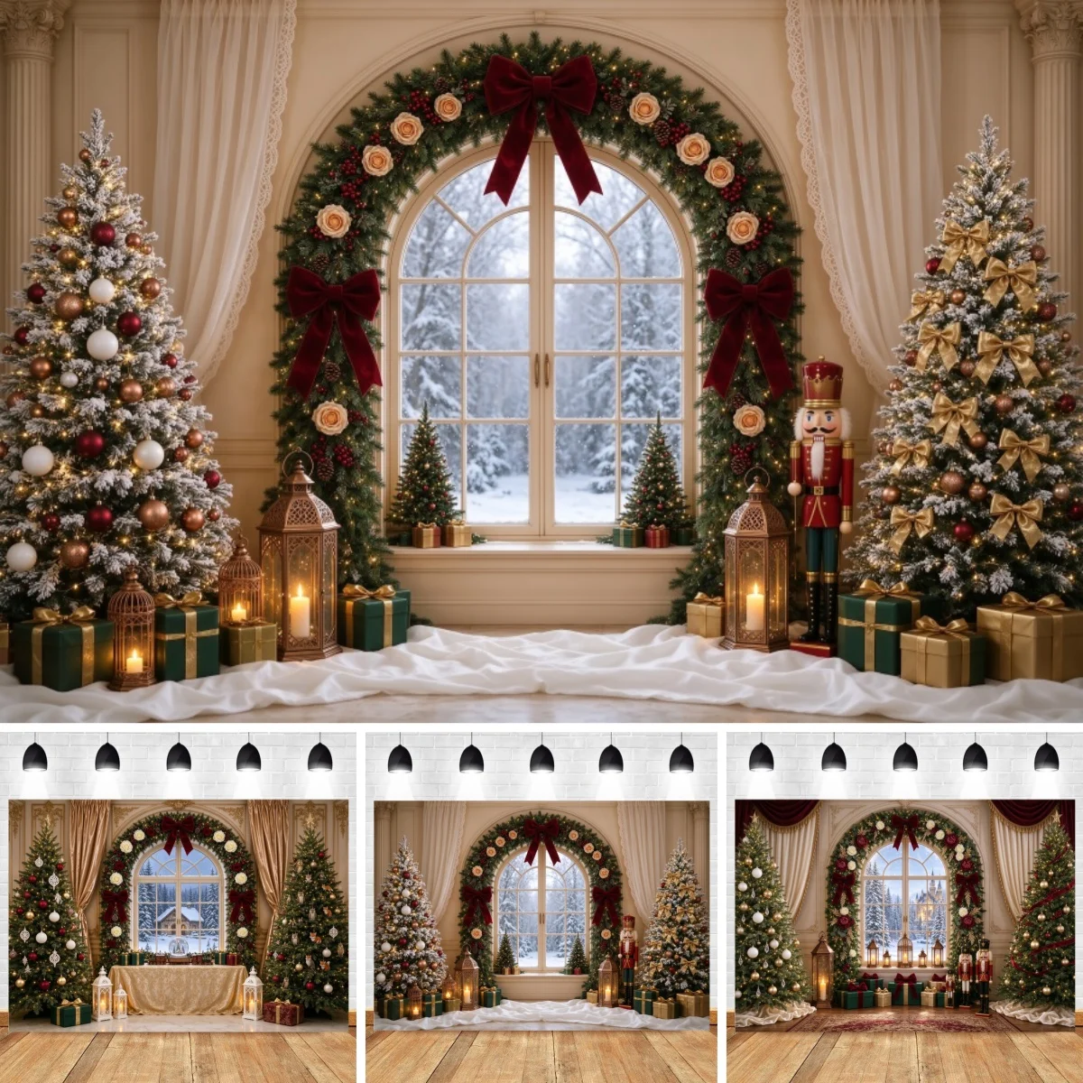 Fond de photographie de Noël Yeele, arbre de Noël, fenêtre en arc, fond de neige, décoration, toile de fond pour portrait de famille, accessoires de studio.