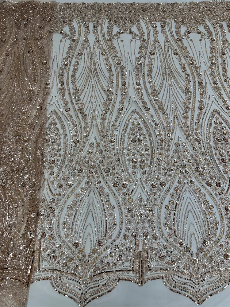 2024 High Quality Exquisite African Handmade Beaded Sequins Lace Fabric French Embroidery Lace Fabric For Nigerian Wedding