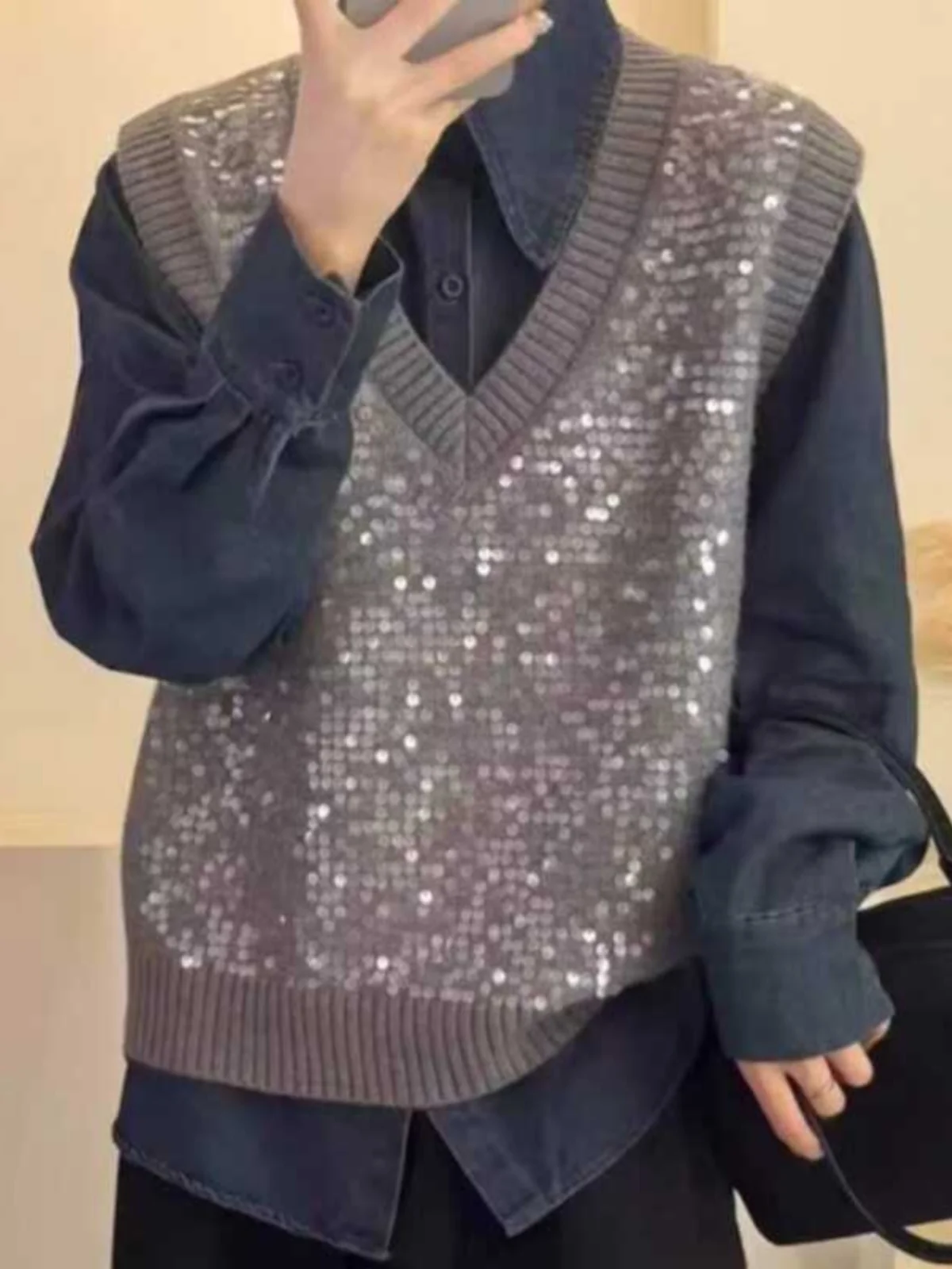 

Lazy Sle Women's Knitted Vest Svel V-Ne Loose Fit Pullover ine Sequins Top Commute Autumn Faion Ladies Sweater