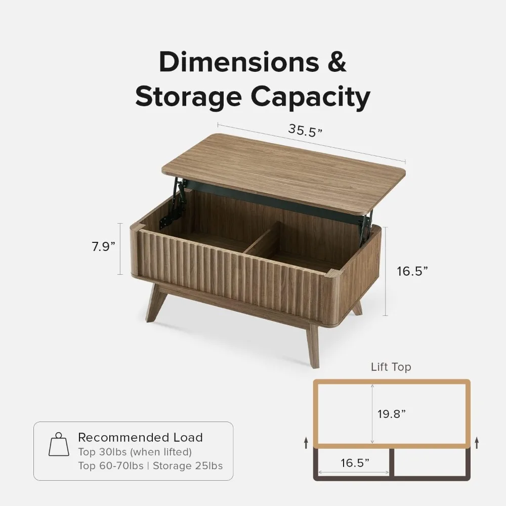 Mid Century, Modern Farmhouse Center Table with Lifting Top & Hidden Storage, Fluted Panel, Rising Pull Up Dining Table (Walnut)