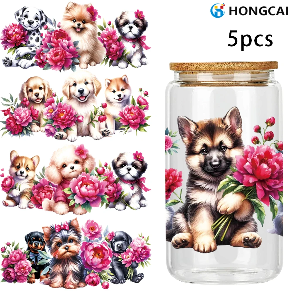 5-Piece Dog Holding Flowers UV DTF Mug Decals High-Quality Animal Design Suitable for 16oz Glass Mugs and DIY Projects