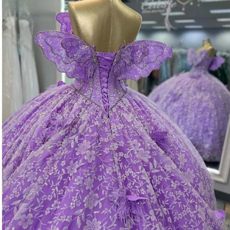 Customized Lilac Princess Butterfly Quinceanera Dresses 16 Girls Full Lace Beaded Ball Skirt Party Prom Gown Vestido vx 14 Anos