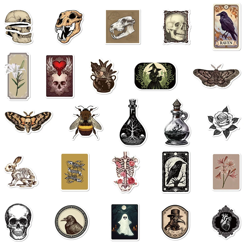 10/30/50pcs Retro Dark Romance Aesthetic Stickers Vintage Gothic Skull Witch Cartoon Decoration Decals for Phone Notebook Laptop